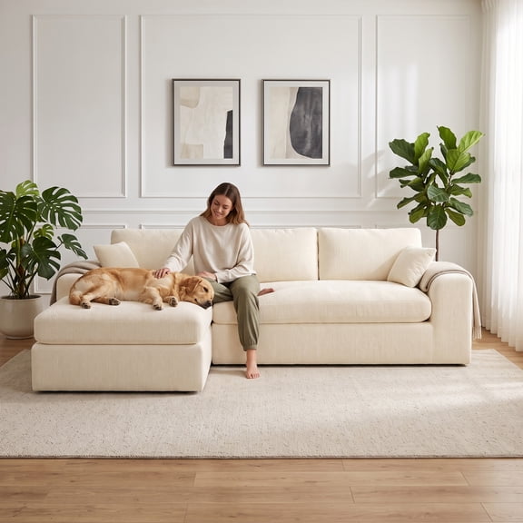 Exnote 110'' Oversized Boneless Cloud Couch for Living Room, Modern Big Sectional Compressed L Shape Couch with Ottoman, Comfy Chenille Deep Seat Memory Foam Spineless 4 Seater Sofa, Beige