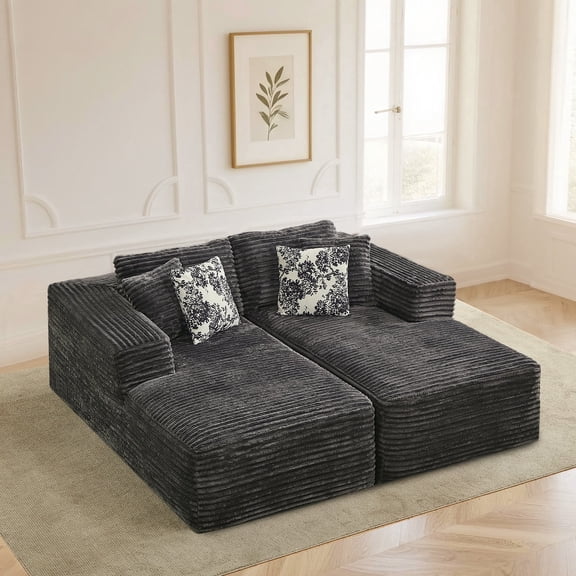 IPKIG 78.8" Oversized Corduroy Double Chaise Sleeper Sofa, Modular Cloud Couch Bed with 4 Pillows, No Assembly Required, Dark Grey