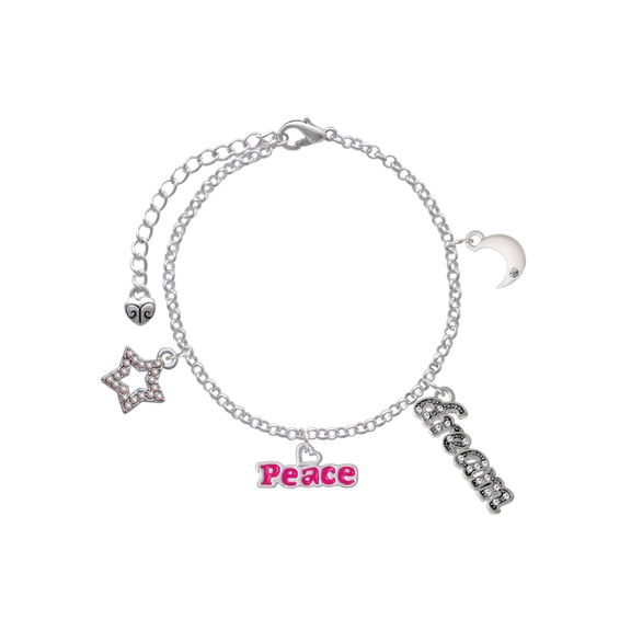 Delight Jewelry Hot Pink ''Peace'' with Heart Silvertone Dream Big Charm Bracelet, 7.5 2" Extender