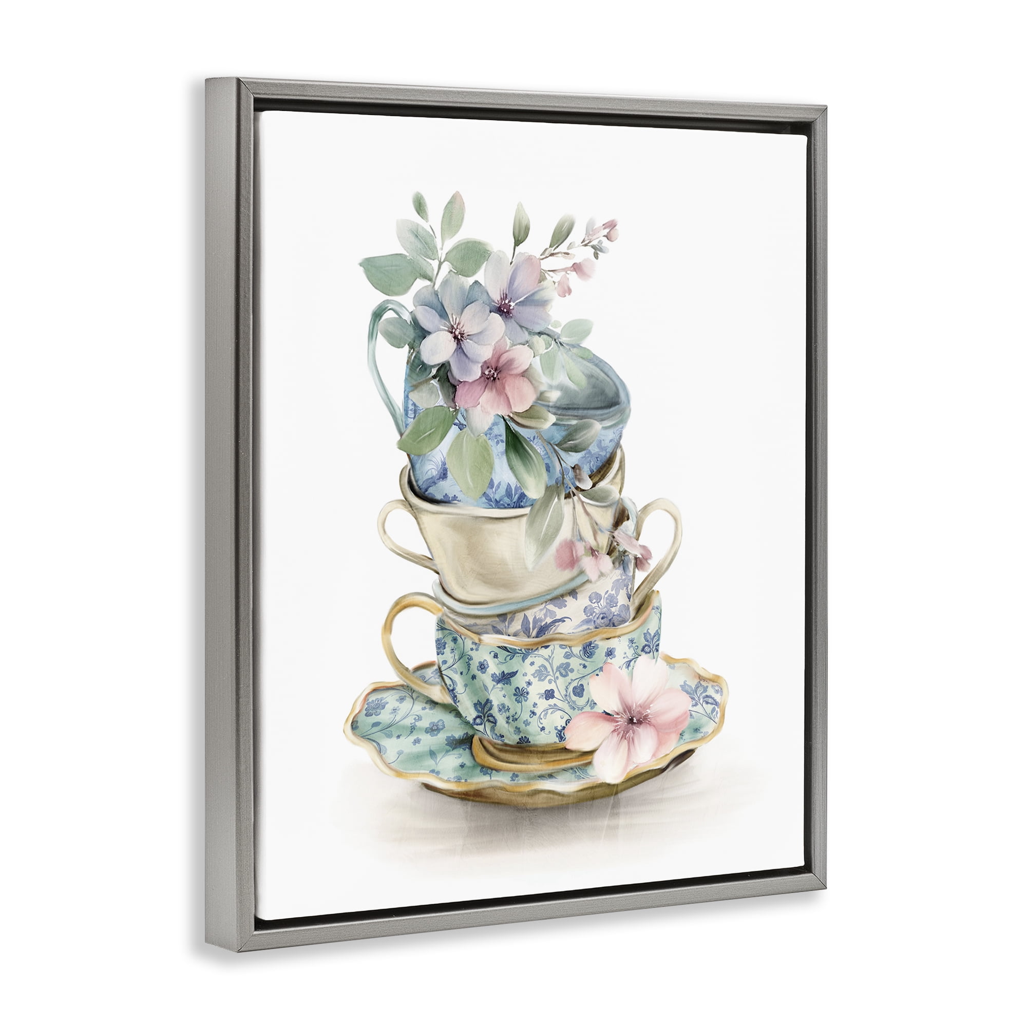 Stupell Industries Floral Teacup Chinoiserie Gray Framed Floater Canvas Wall Art, design by Kim Allen