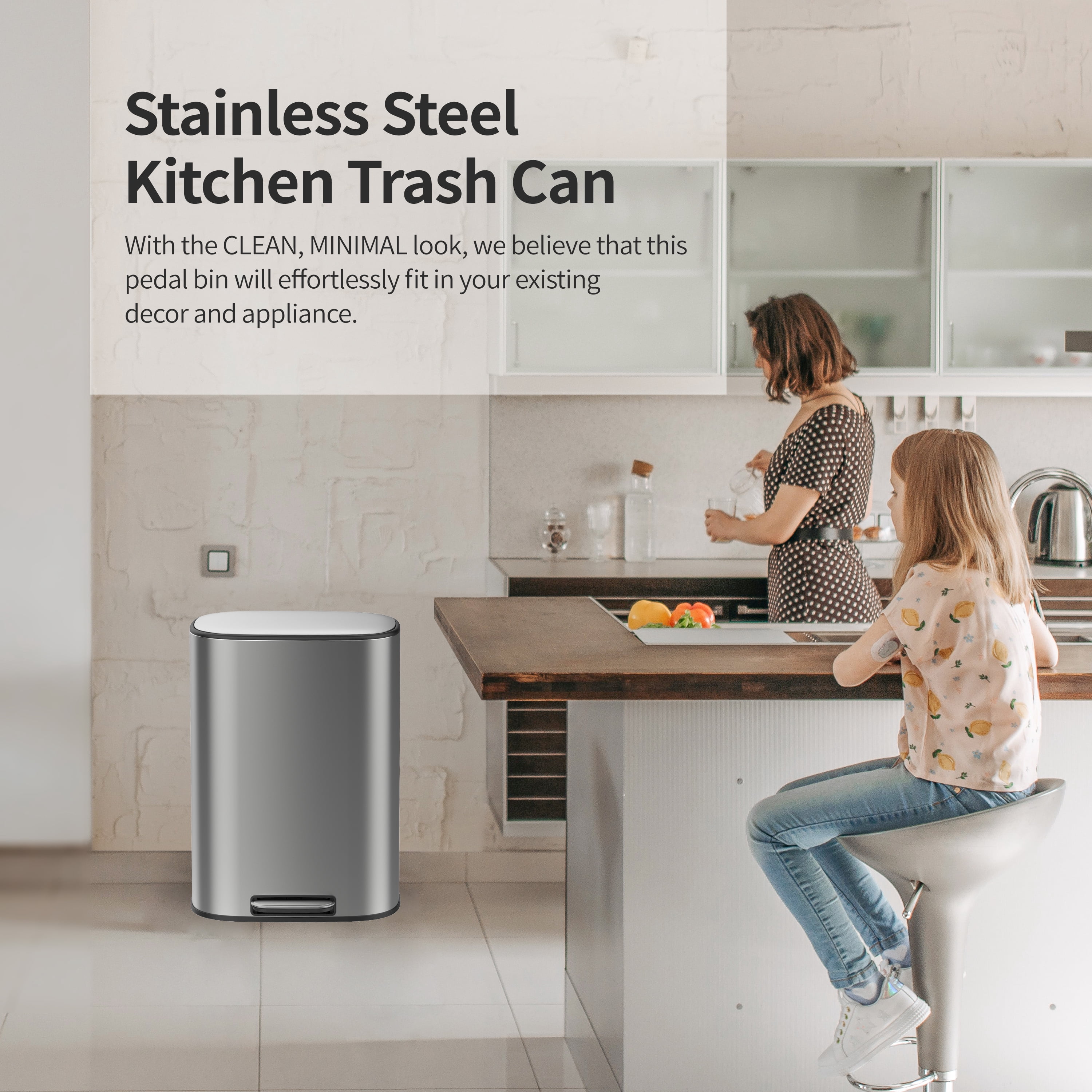 BinMax 13 Gallon Step on Waste Bin Rectangular Stainless Steel Kitchen Trash Can with Lid
