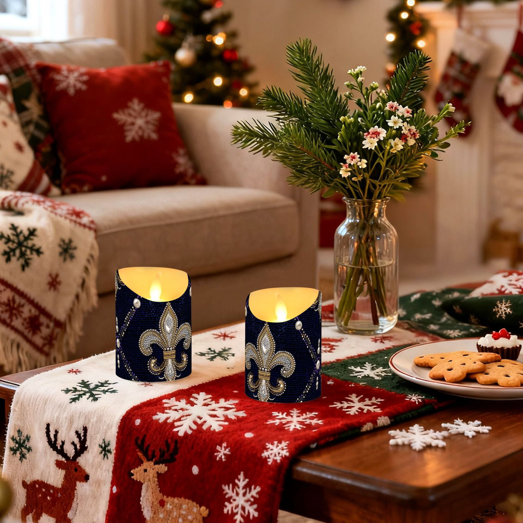 Mardi-gras Flowers with Pearls Flickering Flameless Candles with Remote Timer Battery Operated LED Tealight Set of 2 M
