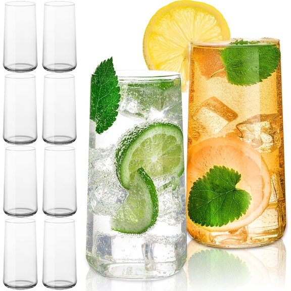 18 oz Drinking Glasses with Straws, Set of 8 Highball Glasses, Avant-garde Modern Minimalist Design Tall Water Lightweight Crystal Glass cups, Cocktail Glass, Bar Glassware set