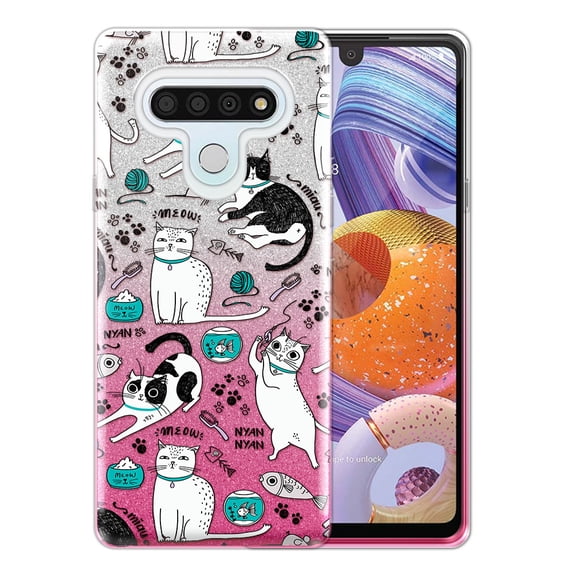 FINCIBO Hot Pink Gradient Glitter Case, Sparkle Bling TPU Cover for LG Stylo 6 6.8" 2020, Cat Stuffs