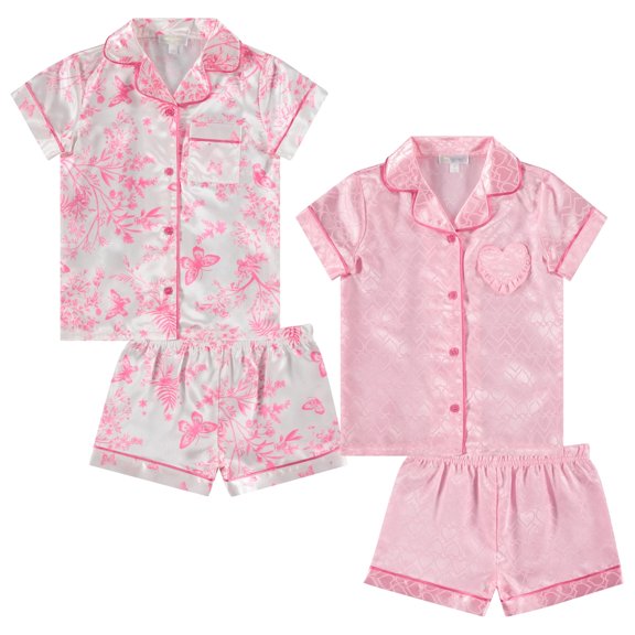 BTween Girls Satin Pajama Set 4-Pack, Short Sleeve Button-Down Sleepwear for Kids, Soft and Breathable Nightwear