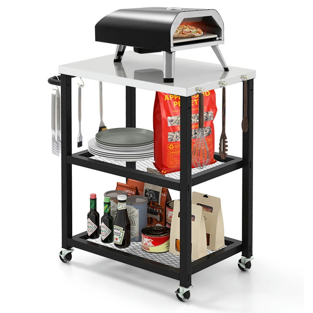 Aimee Lii 3-Tier Foldable Outdoor Stainless Steel Food Prepare Dining Cart Table on Wheels, Perfect for Outdoor Patio, Garden and Backyard Grilling-Black