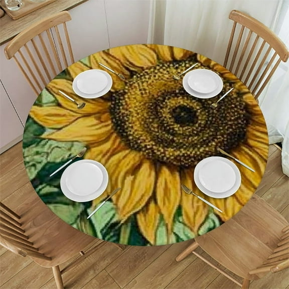 Autua Sunflowers Round Tablecloth with Elastic Edge for Indoor and Outdoor Dining Kitchen Farmhouse - Stain-Resistant and Washable 31"-35