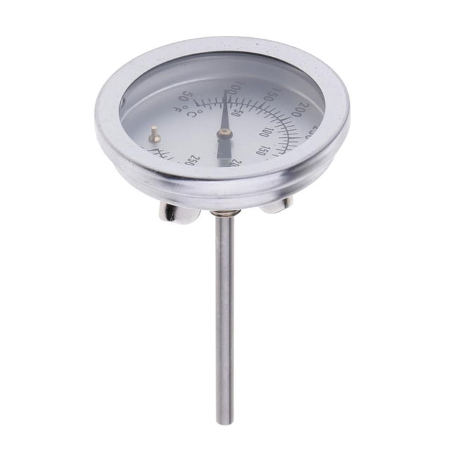 termómetro de horno de acero inoxidable macarena termómetro de horno analógico 50 termómetro analógico de acero inoxidable Macarena con esfera circular plateada de 52 mm, aguja negra y escala en °C, vástago de sonda cilíndrico de acero y tuerca de mariposa para montaje; adecuado también para uso en parrilla o barbacoa, fondo blanco.