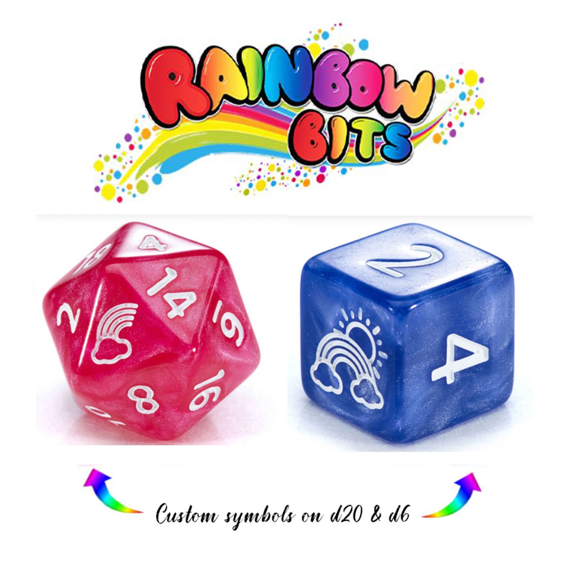 Mighty Tiny Dice: Rainbow Bits - 7 Piece RPG Dice Set, 12mm Resin Dice Set, Gate Keeper Games, Roleplaying, Custom Logos on d20 and d6, Rainbow Of Color in Every Set