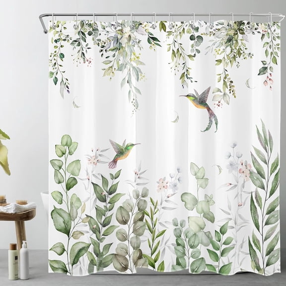 Sage Green Eucalyptus Shower Curtain for Bathroom Floral with Green Leaf and Hummingbird on White Fabric Shower Curtain with Hooks 72X72 inches Green and White Plant Bathroom Shower Curtain Set