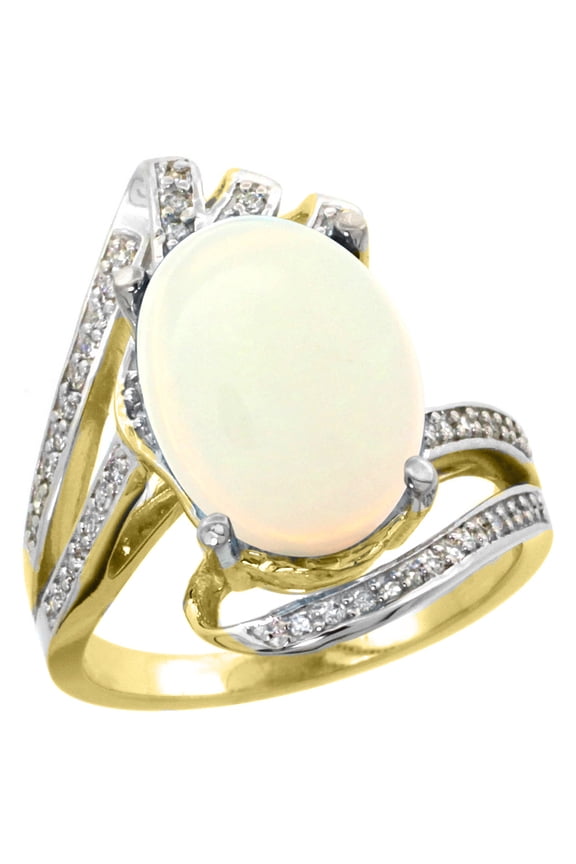 14k Yellow Gold Stone Natural Opal Bypass Ring Diamond Accents Oval 14x10mm, size 7.5