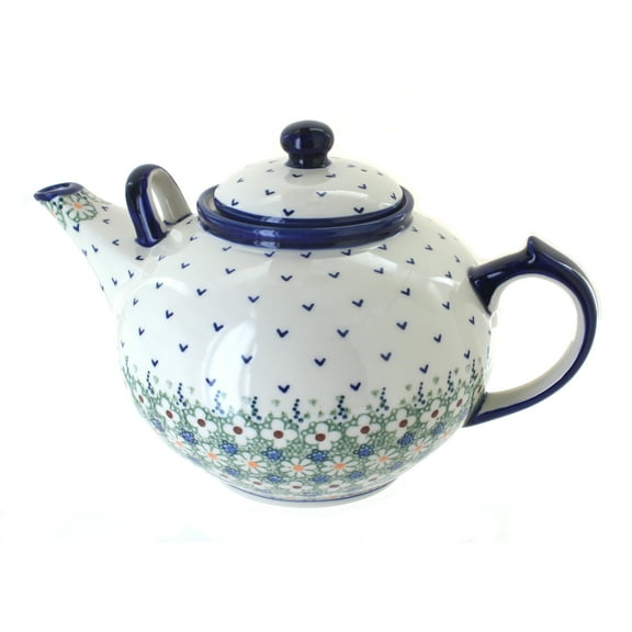 Blue Rose Polish Pottery Green Daisy Large Teapot