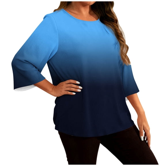 Ashirexll Womens Summer Tops, Short Sleeve Shirts for Women, Plus Size Gradient Blouse Home Casual Long Sleeve Round Neck Top