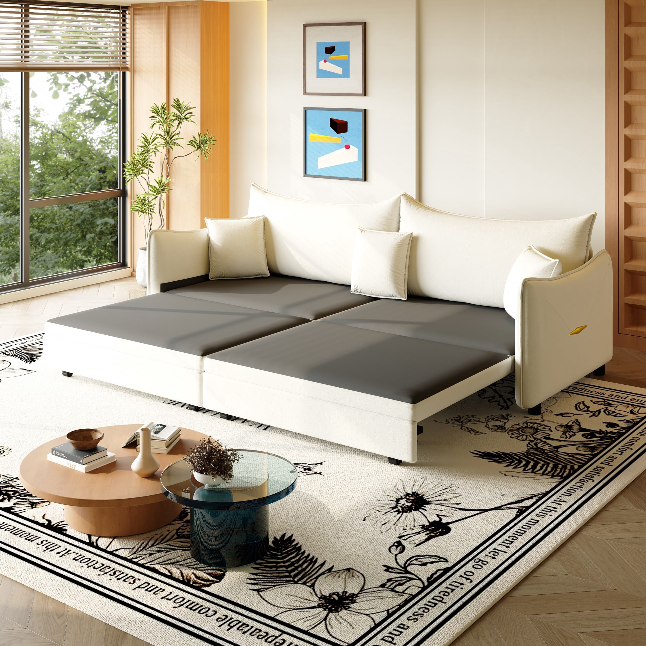 Noble House Abriel King Pull Out Sleeper Sofa Bed, Modern Velvet 3-in-1 Convertible Couch with Pillows, Beige White