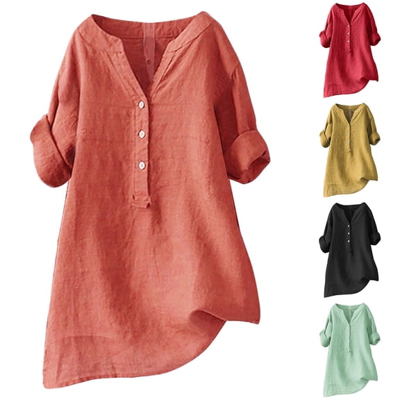 Towmus Women's Cotton Linen Button Down Shirt Casual Long Sleeve Loose Fit T Shirts V Neck Summer Solid Color Blouse Tops 2025,Light Green,5XL