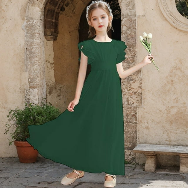 Girls Sleeveless Flower Girl Dress, Solid Color A-Line Ruffle Shoulder Dress for Junior Bridesmaid, First Communion and Birthday Party Occasions Blackish Green 100