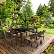 Compamia Daytona 9 Piece Glass Top Patio Dining Set in Brown