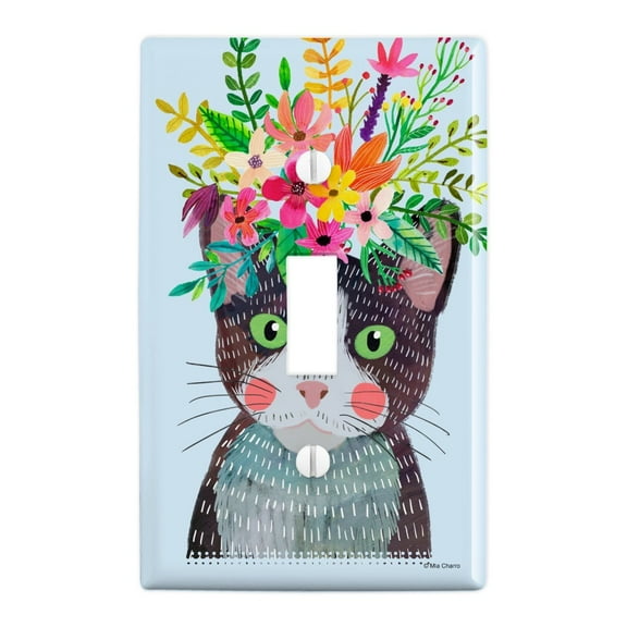 Intense Cat with Flower Hair Plastic Wall Decor Toggle Light Switch Plate Cover