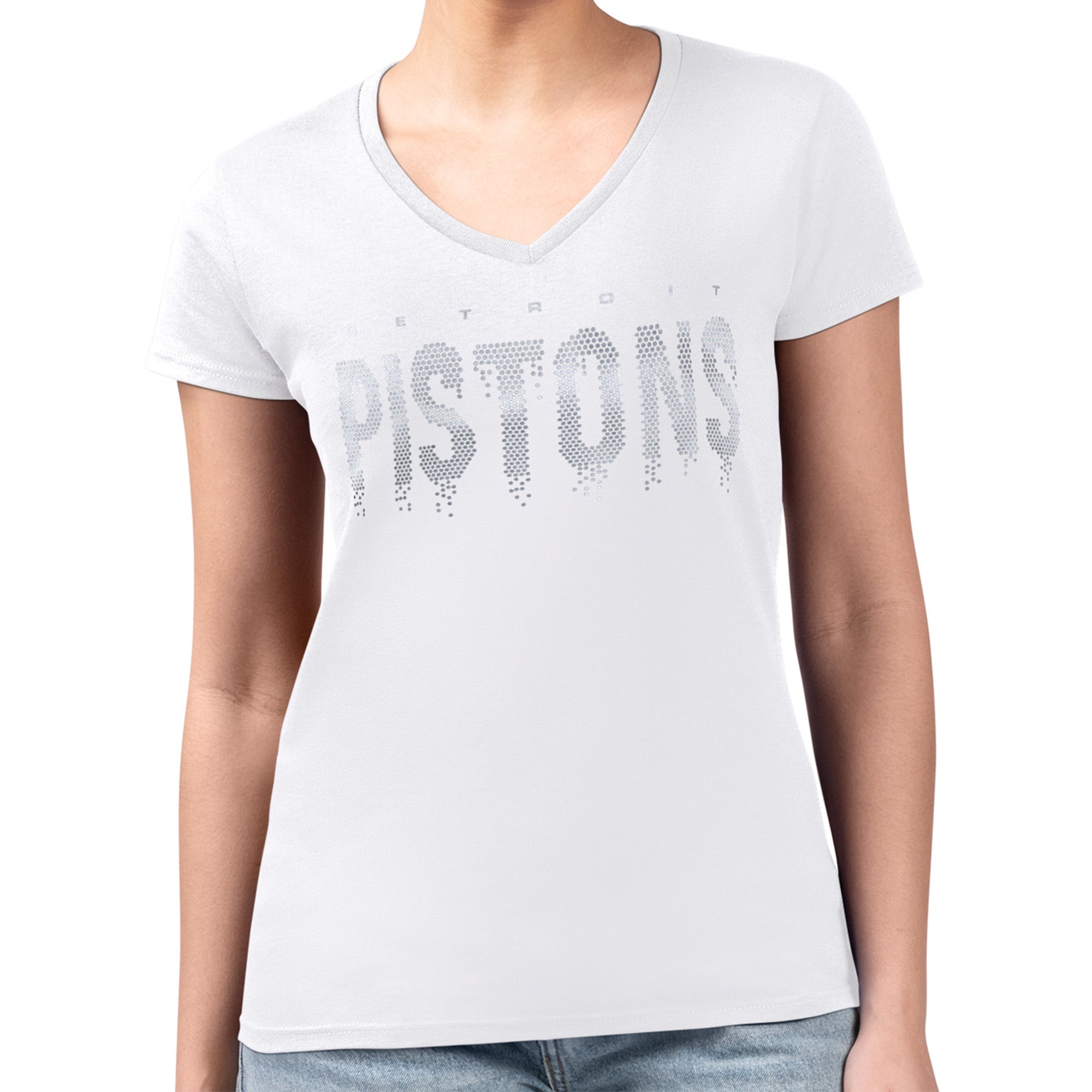 Women's G-III 4Her by Carl Banks White Detroit Pistons Super-Slim-Fit Metallic Drop Lightweight V-Neck T-Shirt