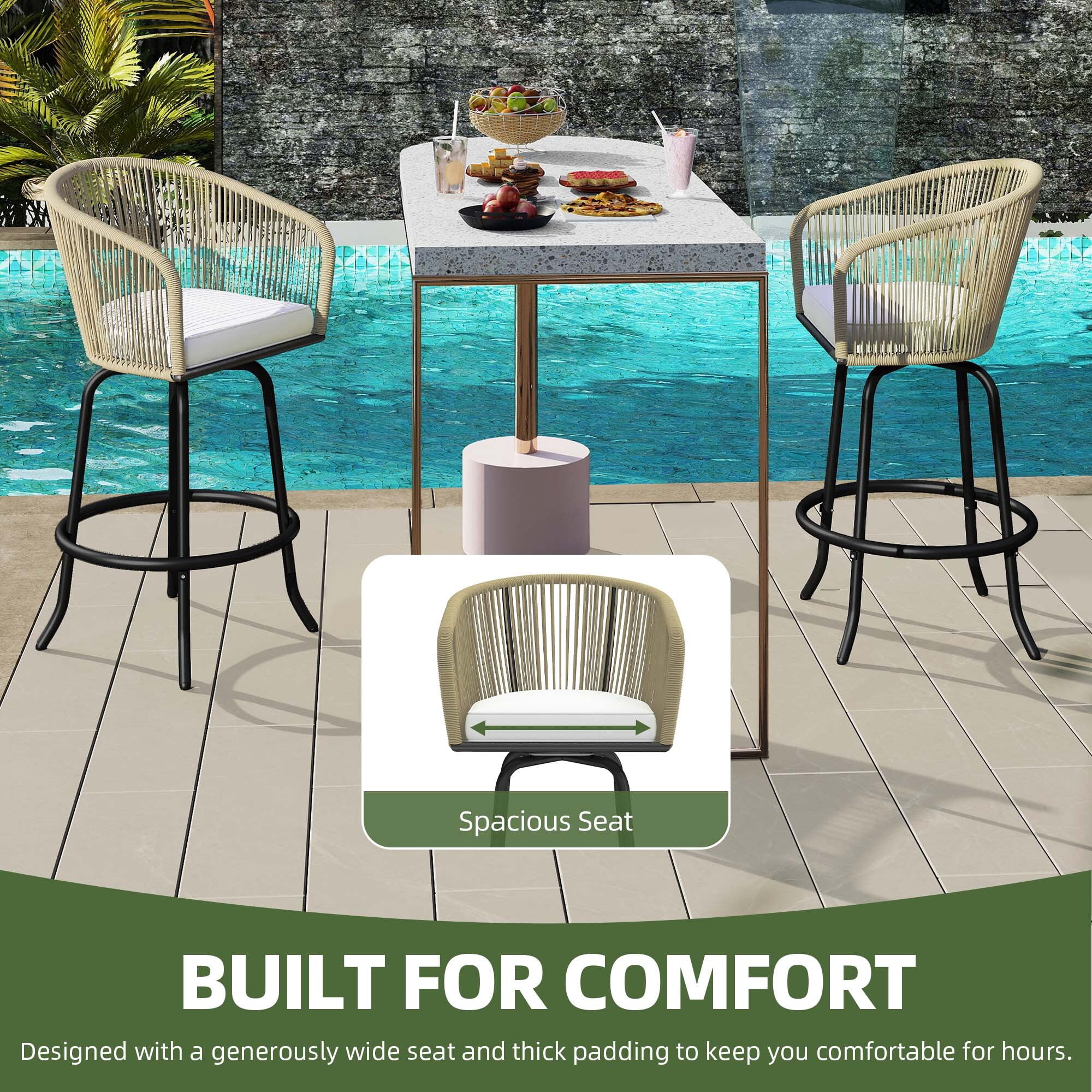 Uforic Outdoor Swivel Bar Stools Set of 2, Patio Woven Chairs with Soft Cushions, Footrests, and Ergonomic Design, 360° Swivel for Backyard, Garden, Balcony, Beige