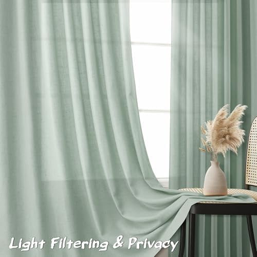 Aqua Green Linen Semi Sheer Curtains 108 Inches Length Light Filtering Neutral Farmhouse Boho Rod Pocket Back Tab Hook Belt Clip Rings Window Drapes for Bedroom Living Room 2 Panels 52x108