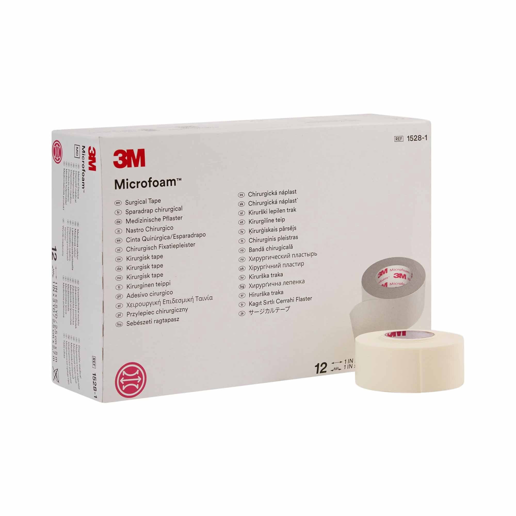 3M Microfoam Surgical Tape, Non-Sterile, Water-Resistant, White, 1 in x 5 1/2 yds, 12 Ct