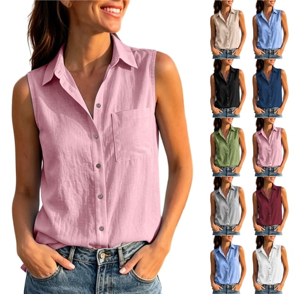 Otntypg Womens Sleeveless Button Down Shirts Lightweight Soft Cotton Linen Collared Tunic Blouses Trendy Solid Color Lapel V Neck Casual Work Tank Tops with Pockets