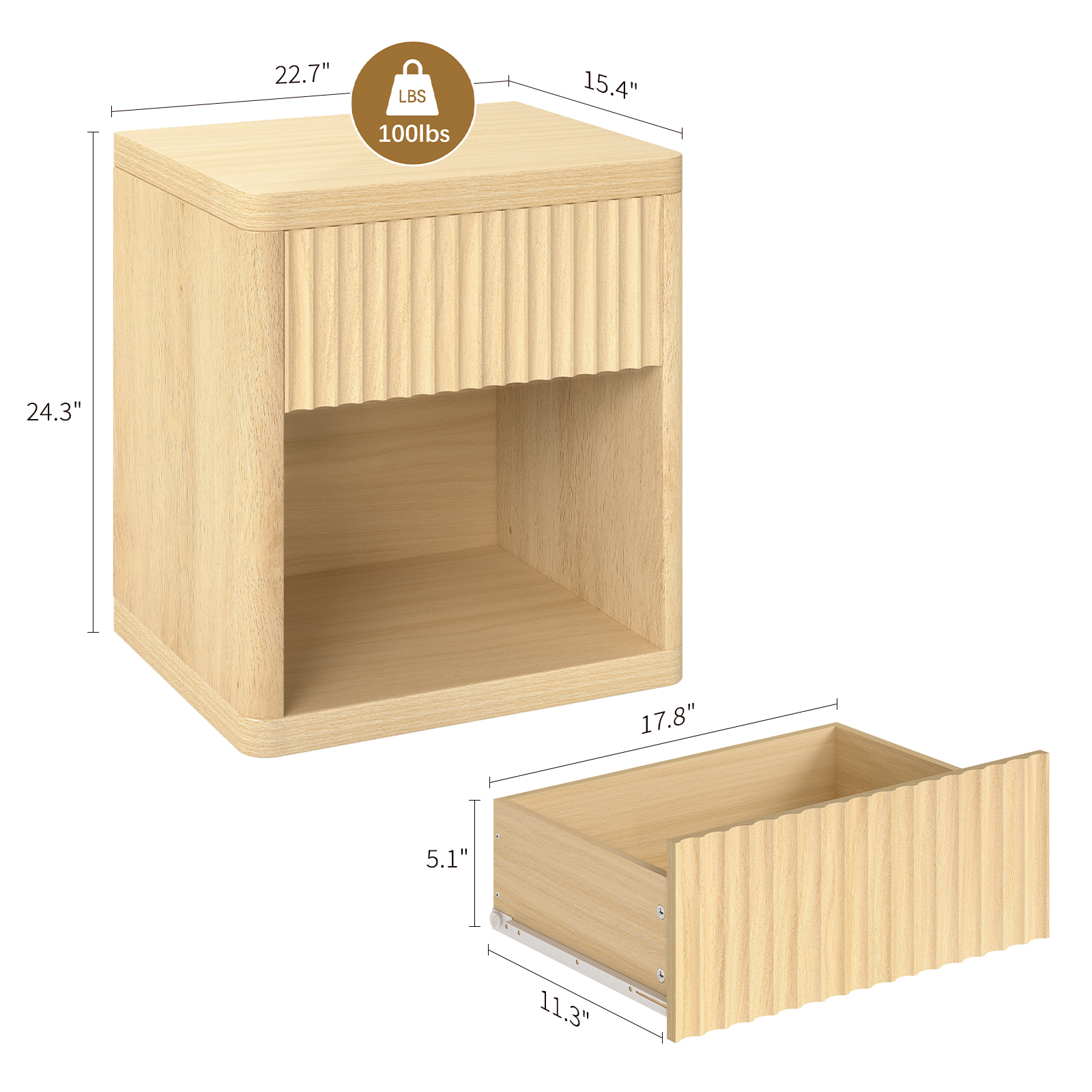 Fluted Nightstand with Drawer, Bedside Tables with Open Storage, Large Wood Night Stand for Bedroom Living Room, Natural