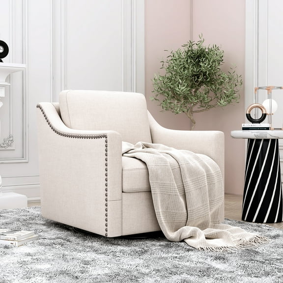 360° Swivel Armchair In Cotton Linen, White, Ergonomic Design For A Bedroom & Living Room 360 Degree Chair With Linen Cover, Mesmerizing Atmosphere