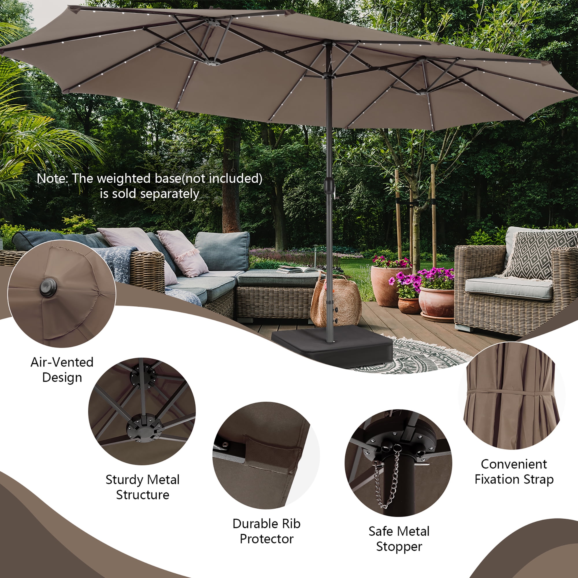 Costway 15FT Twin Patio Double-Sided Umbrella 48 Solar LED Lights Crank  Outdoor Coffee - Walmart.com