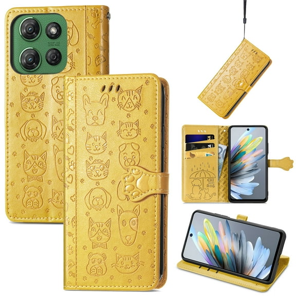 Allytechgroup Flip Wallet Case [Cat & Dog Cute Embossed Pattern] for Moto G Power (2025) with Card Slots Cash Holder, Magnetic Clasp Shockproof Kickstand Cover with Hand Strap, Yellow