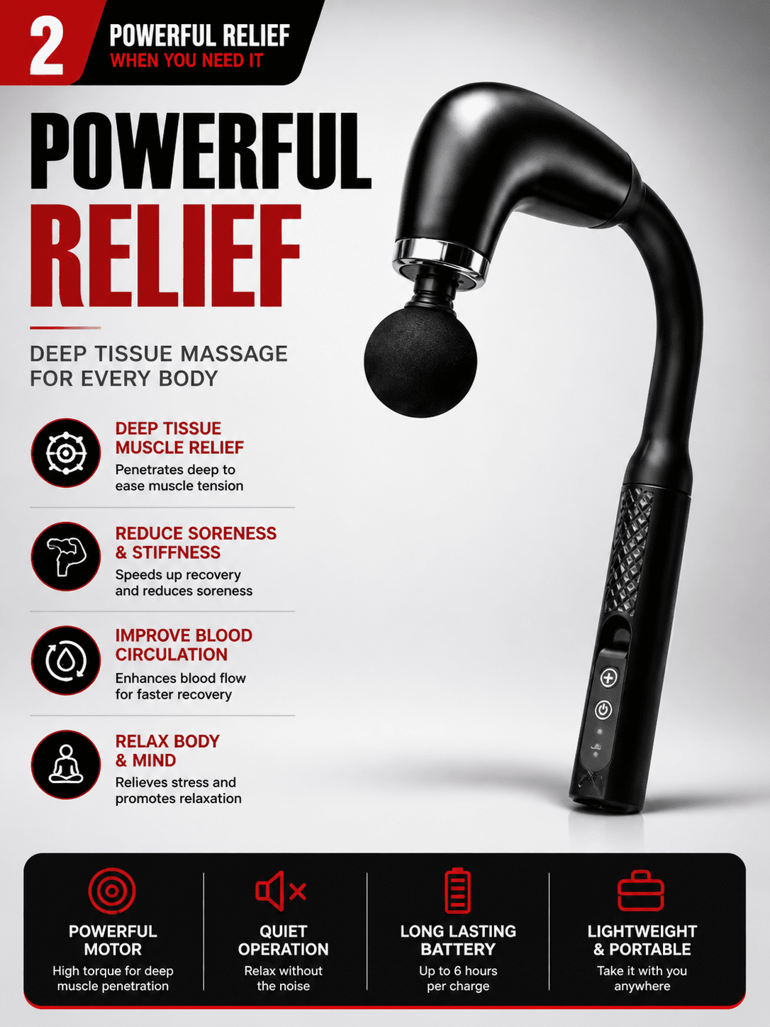 Massage Gun Electric Percussion Massager Deep Tissue Portable Handheld Muscle Relief Device Tool with 4 Heads for Neck Back Shoulder Body