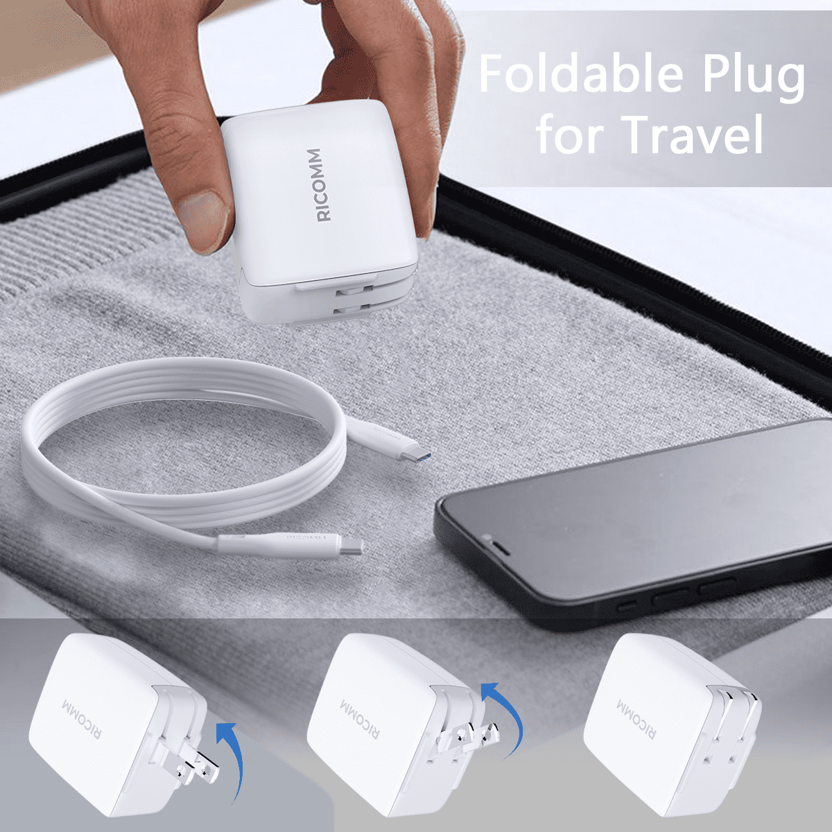USB C Charger 65W, RICOMM GaN PPS Fast Charger Adapter Kit (Soft Silicone Cable Included) Travel Wall Charger Foldable Plug for MacBook, iPhone Pro Max, iPad, AirPods, Samsung Galaxy S22/S20/S10