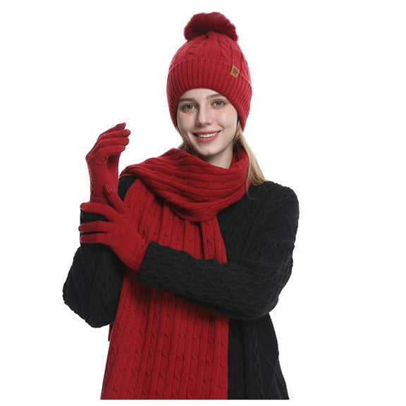 3 Pcs Winter Satin Silk Lined Beanie Hat Long Knit Scarf Touchscreen Wool Gloves Set for Women Men