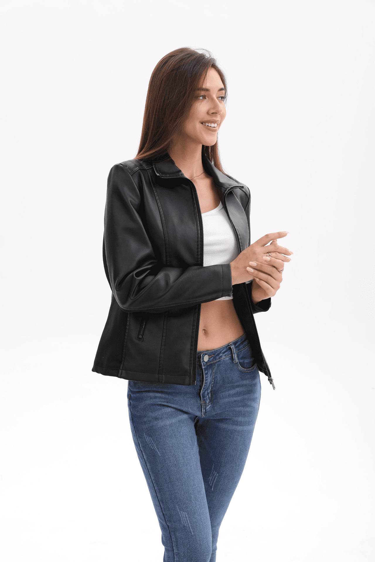Panan Women's Faux Leather Jacket with Collar Long - Sleeve, Full - Zip Front & Side Zipper Pocket