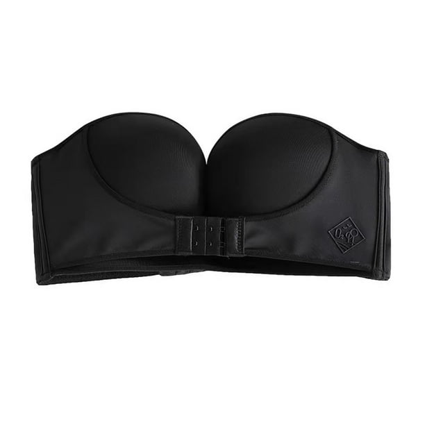 freestylehome Black Women Wireless Anti-Slip Invisible Push Up Bra Easy To  Wear Deep V Shape Three-Level Front black 34/75D 