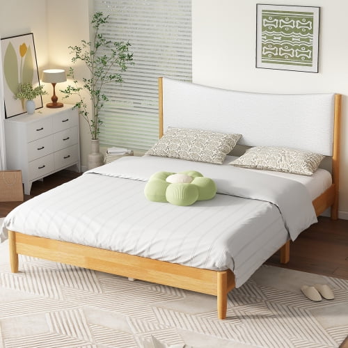 Queen Size Bed with Boucle Headboard, Solid Rubber Wood Platform Bed Frame with Underbed Storage, Modern Upholstered Bed with Support Feet, Beech White
