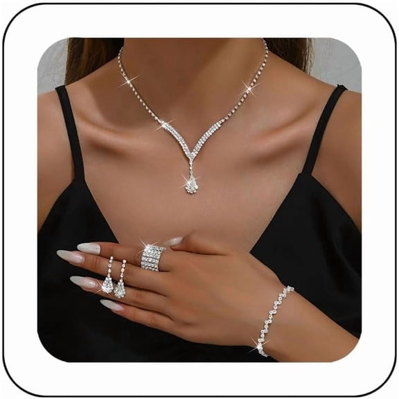 Bridal Wedding Jewelry Set Silver Rhinestone Necklace Earrings Sets Formal Costume Jewelry for Women and Brides