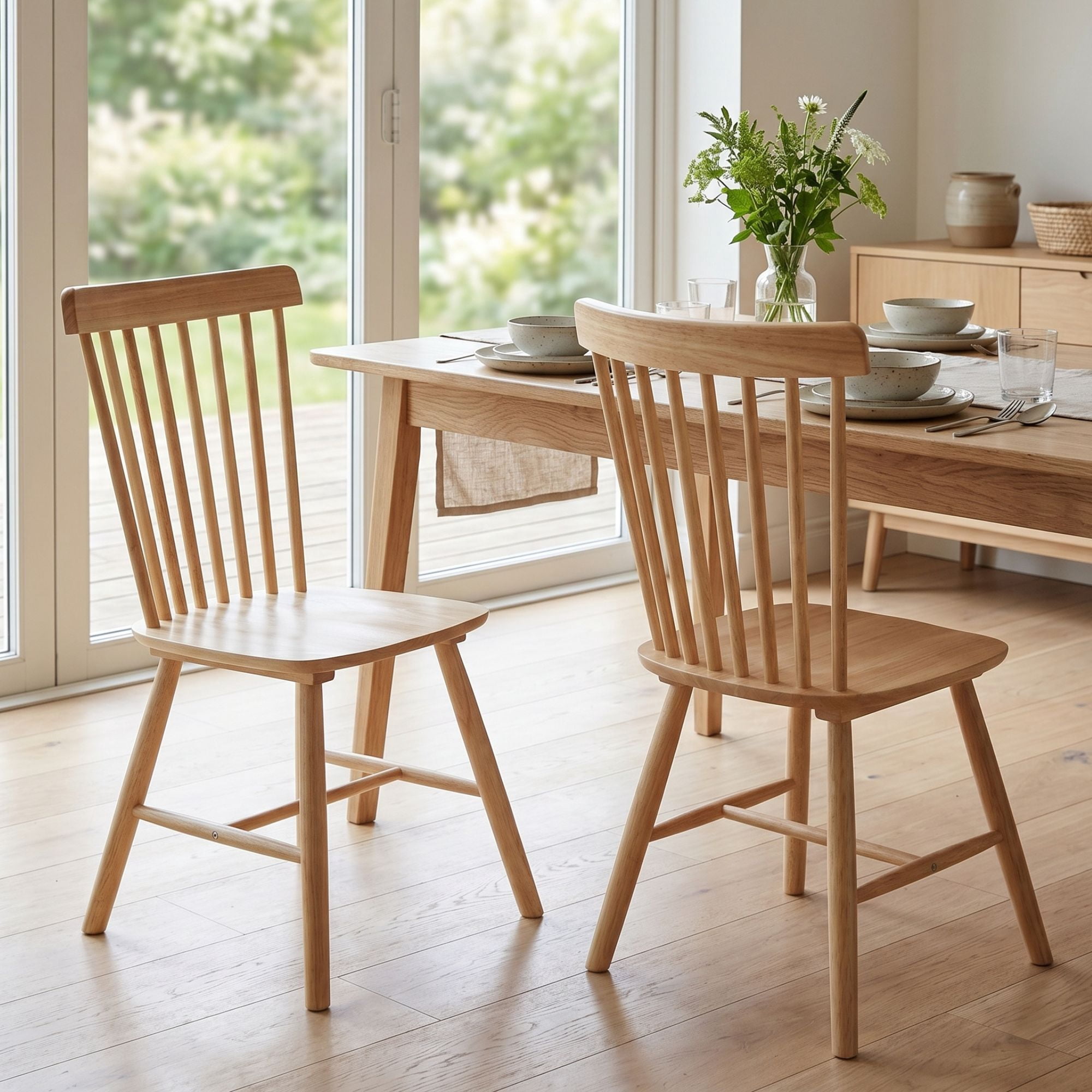 Dayalane Farmhouse Windsor Dining Chairs Set of 2, Solid Wood Spindle Back Dining Side Chairs, Mid-Century French Country Oak Kitchen Chairs for Dining Room Living Room Kitchen Restaurant, Natural
