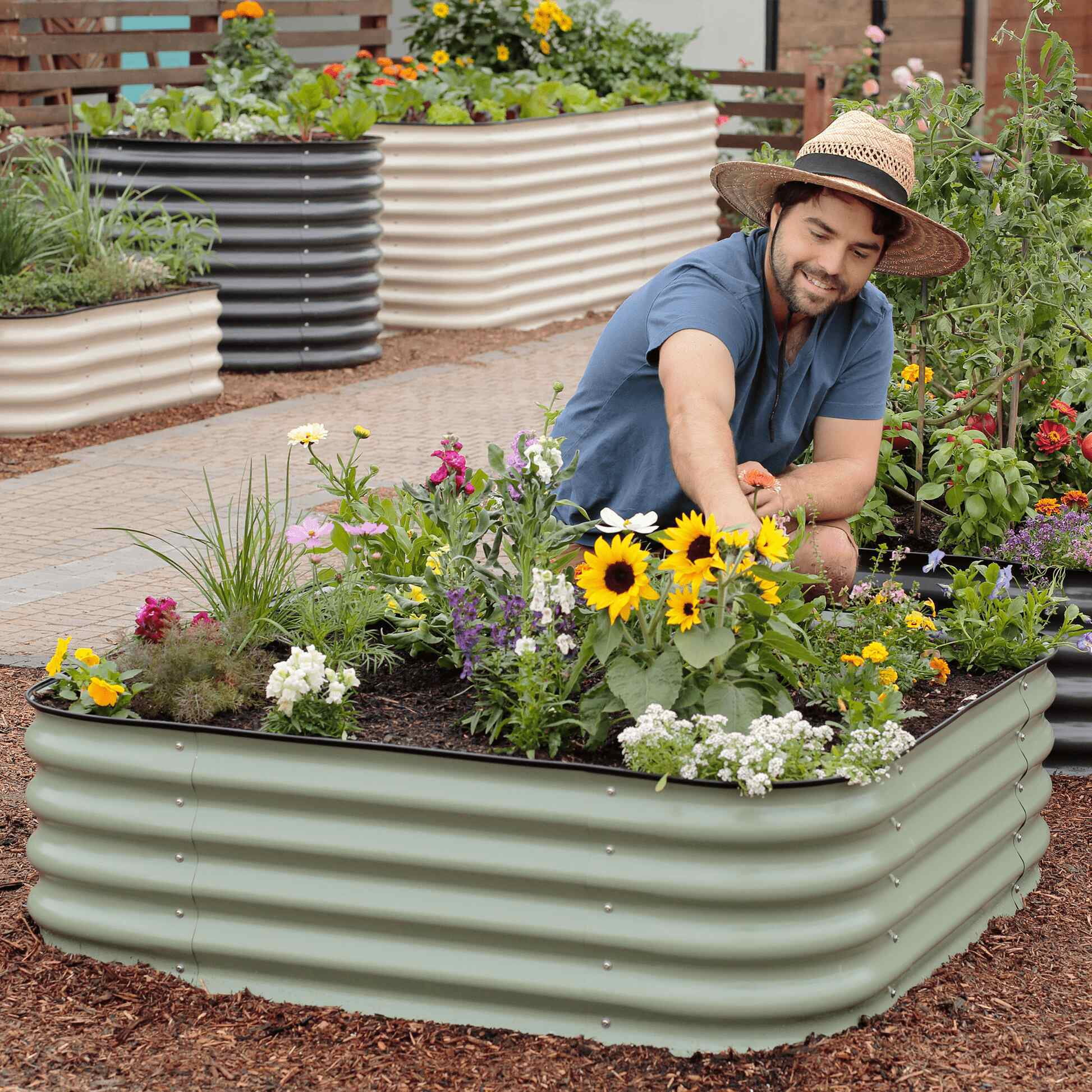 Epic Gardening 6-in-1 Medium Modular Galvanized Raised Garden Bed Kit - 15" Tall, Food-Safe, Light Clay