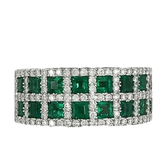 HeartsAndYou Princess Natural Emerald Moissanite Tile Halo Band Ring 14k SOLID White Gold