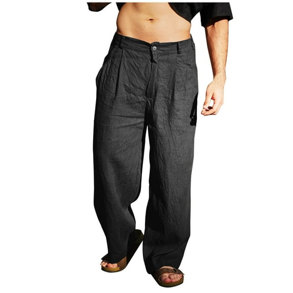 YLSDY Fashion Linen Dress Pants for Men Business Casual Wide Leg Chinos Pants Slacks Pleated Khaki Summer Beach Outfits Resort Wear Black L