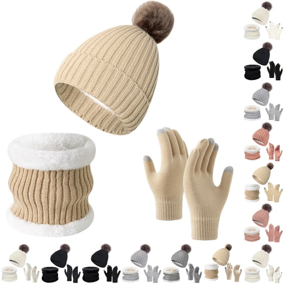 HNMKIU Womens Winter Hat Scarf Set Lined Knit Warm Long Neck Wrap Touchscreen Mittens Cold Weather Accessories BG3 - One Size
