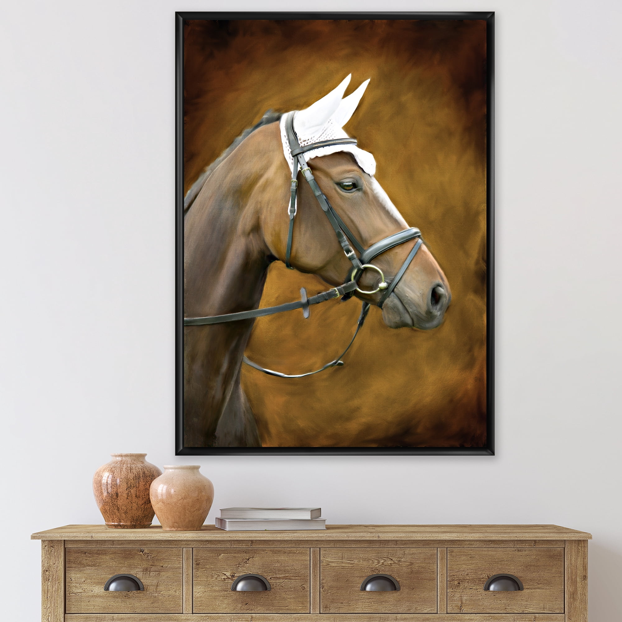 Designart 'Close Up Portrait Of Brown Horse With White Ears' Farmhouse Framed Canvas Wall Art Print