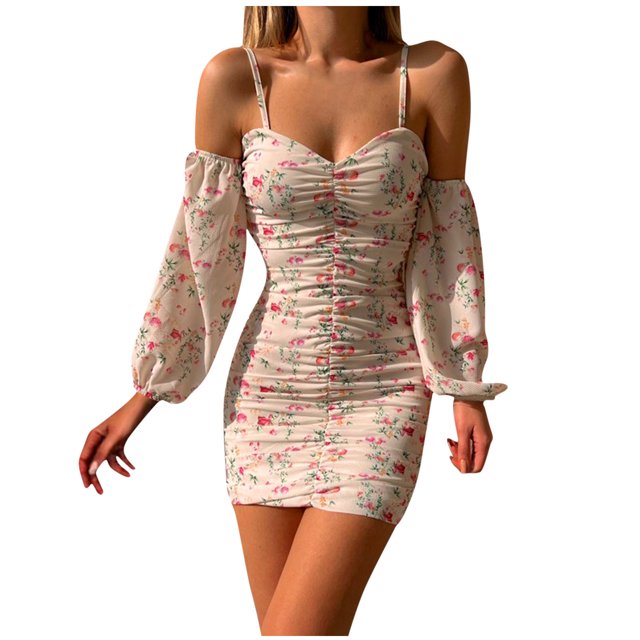 Vestido de manga larga con tirantes sexy de un hombro con estampado floral nuevo de primavera y verano Pompotops hdfakjf8838