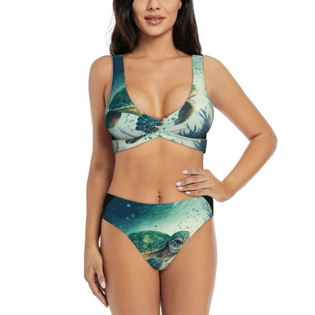 Zeuib Watercolor Turtle5 High Waisted Tummy Control Bikini Set - Knot Front Push Up Top & Cheeky Thong Bottom  Two-Piece Swimsuit for Women-X-Large