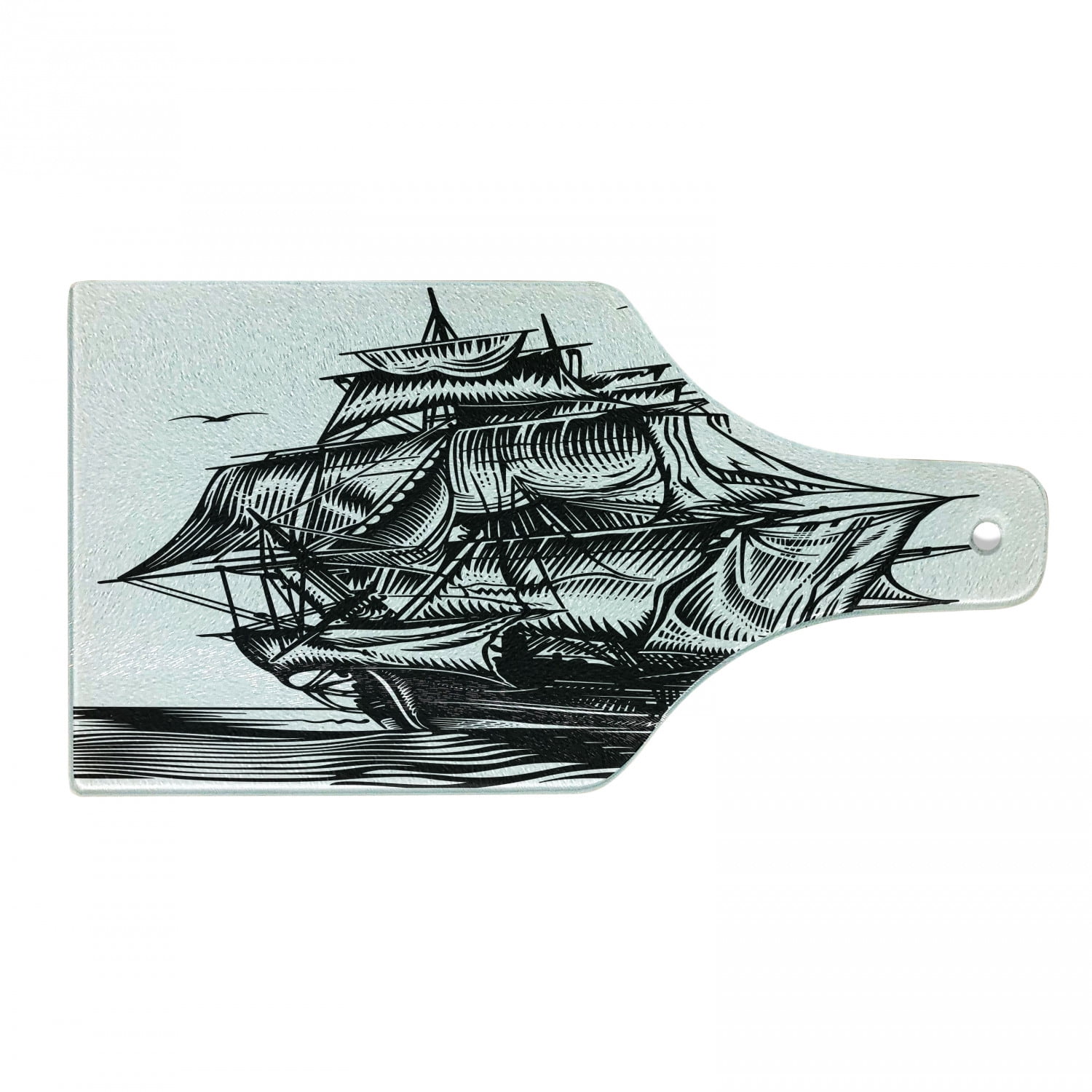 Pirate Ship Cutting Board, Nautical Line Art Style Illustration with