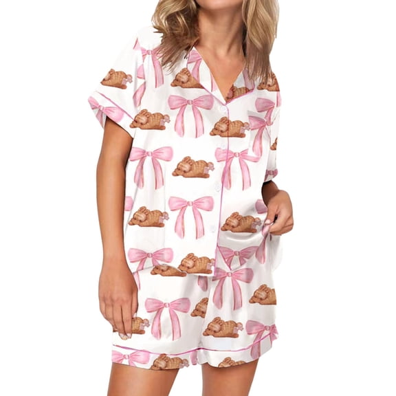 Christmas pajamas Women Graphic Pajama Set Bottles Print Short Sleeve Button Shirt Elastic Waist Wide Leg Shorts Preppy Pj Outfits