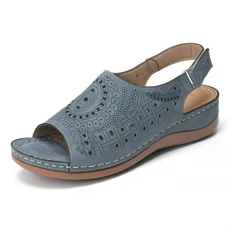

Women‘s Hollow Out Flat Sandals Solid Color Hook & Loop Strap Non-slip Open Toe Shoes Retro Outdoor Sandals