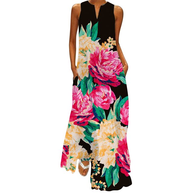 Robes d'Été pour Femmes 2022 Robe Longue d'Été Sans Manches Imprimée Col en V Ample Boho Plage avec Poches